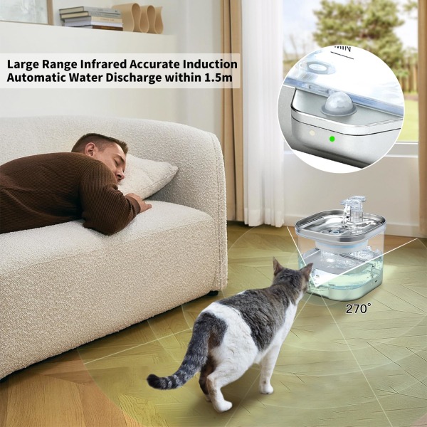Kissan suihkulähde, ruostumattomasta teräksestä valmistettu vesiallas, erittäin hiljainen vesiautomaatti