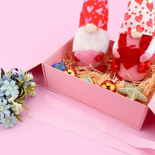 Lyxig Presentask med Band, Vikbar Presentask i Kartong med Lock 26.5x19x8cm Rosa pink