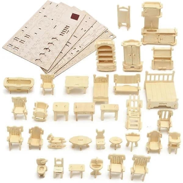 3D Miniatyr Møbelsett Tre Dukkehus Møbler Puslespill DIY Hus Rom Mini Puslespill Gave til Barn