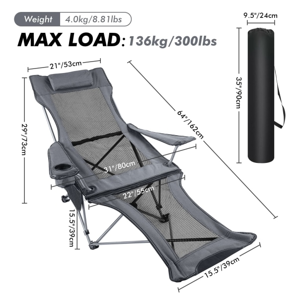 Campingstol, hopfällbar stol, solstol, ventilerande solstol med avtagbart fot- och nackstöd, trädgårdsstol, 136 kg lastkapacitet, grå