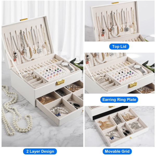 Smykkeetui, 2-lags smykkeopbevaring Smykkeskrin Rejse PU-læder, smykkearrangører Damepiger til ringe, øreringe med lås og nøgle, hvid