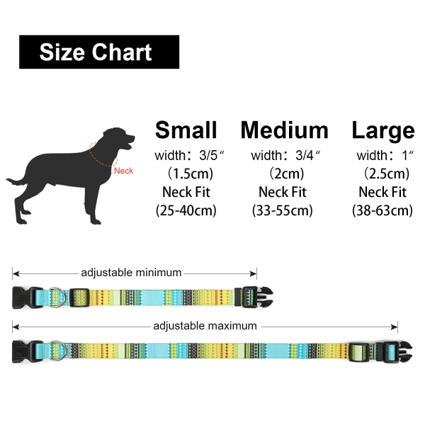 Justerbart hundehalsbånd i nylon med mønstre, mykt og behagelig kjæledyrhalsbånd for små, middels store hunder (S, fargeblokk)