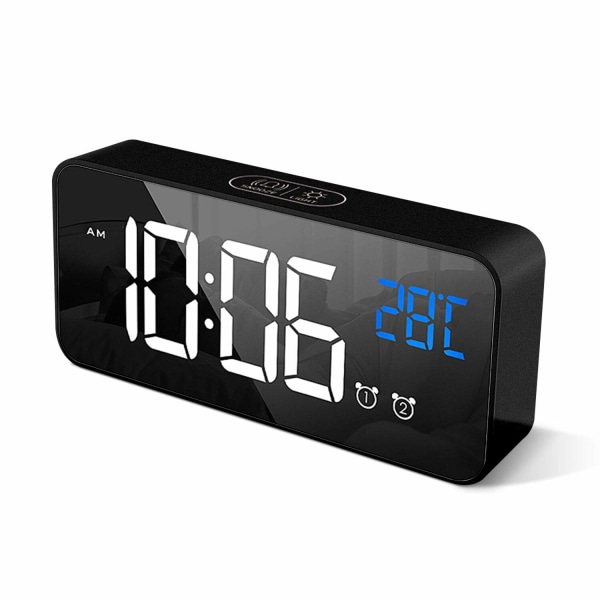 Digital väckarklocka med stor LED-temperaturdisplay, bärbart spegellarm med dubbla larm snooze-tid 4 nivåer justerbar ljusstyrkedimmer