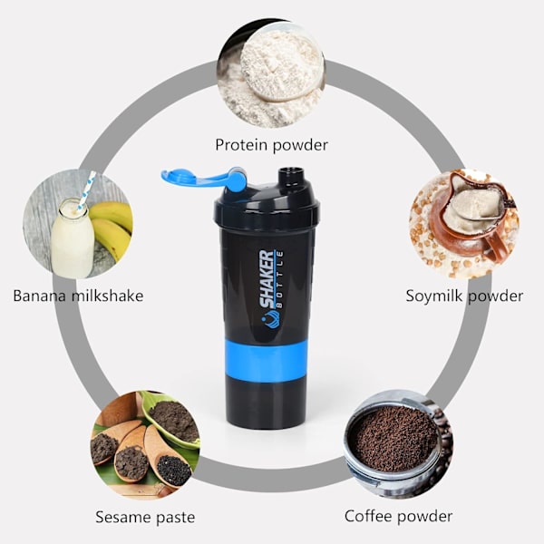 Protein shaker flaske 16oz shaker flaske til proteinshakes, protein shaker med opbevaring og mix kugle, 3 lag lækagesikker protein flaske blue