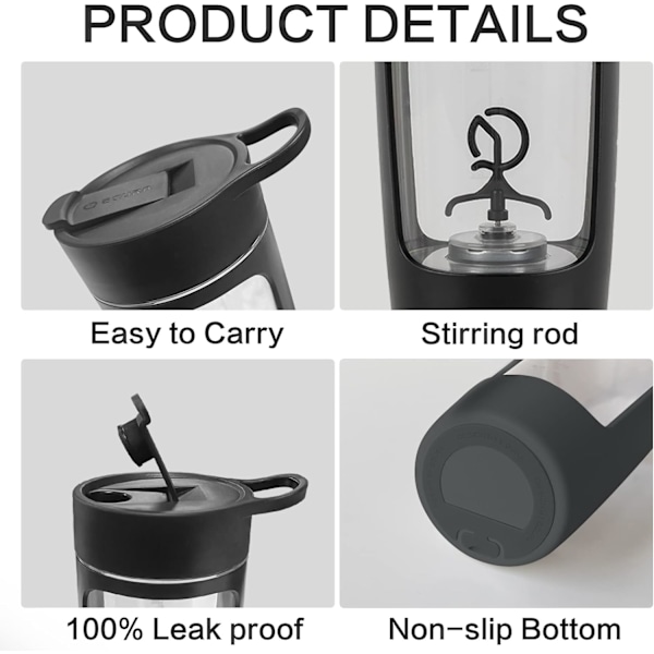 Elektrisk shakerflaske, blenderflasker, laget med Tritan - BPA-fri - bærbar mikserkopp/USB-oppladbare shakerkopper black