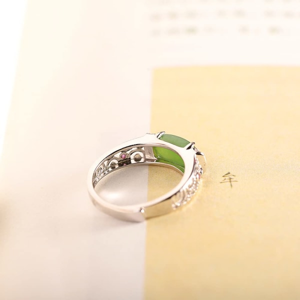 925 Sterling Silver Inlagd Hetian Jade Ring Delikat Elegant Ihålig Öppen Ring Charmig Smycken Gåvor för Kvinnor Flickor