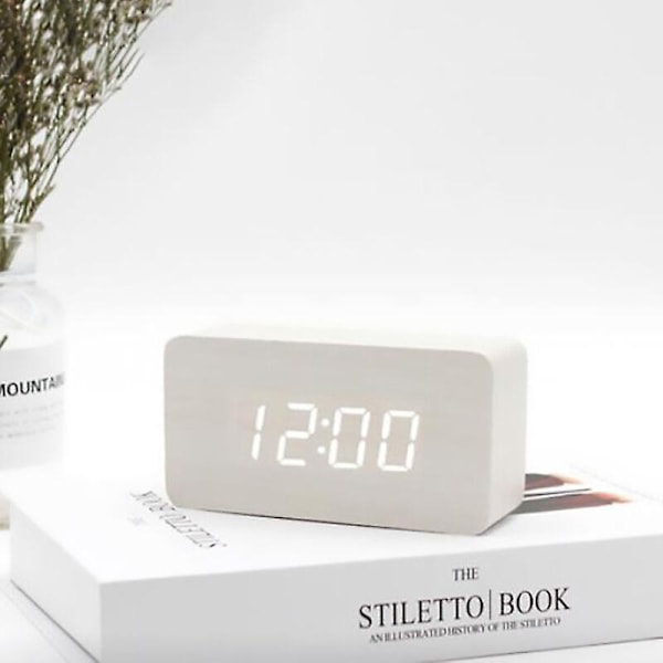 Digital väckarklocka i trä med justerbar ljusstyrka, röststyrning, LED-klocka, rektangulär display, tid, temperatur, heminredning white