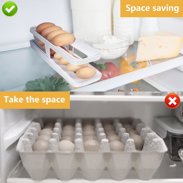 Rullautuva munatarjotin munapidike 2-kerroksinen rullaava muna-annostelija automaattisesti rullaava muna-säilytysastia keittiön jääkaapin työtasolle (valkoinen)
