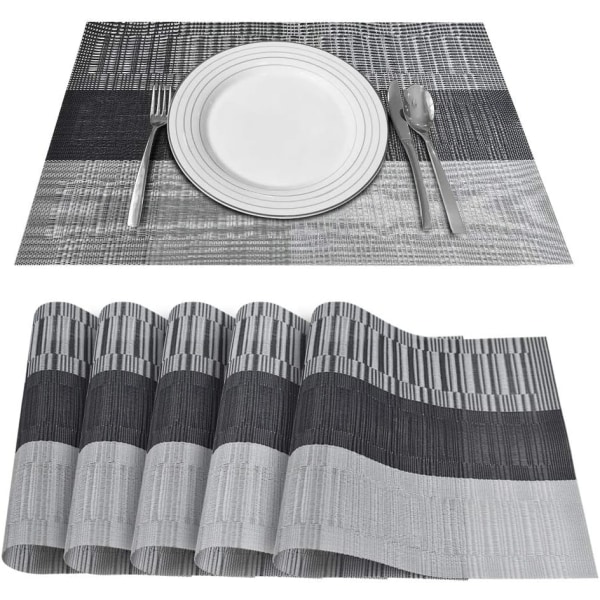 Underlägg för kök Matbord Set med 6, tvättbara PVC bordstabletter, 18 x 12 tum Fläckbeständig anti-sladd kaffematta Lätt att rengöra (grå)