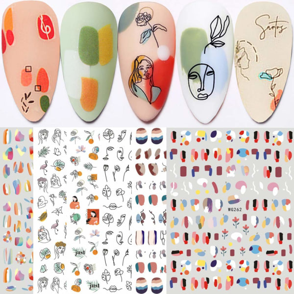 Graffiti sjove neglekunstklistermærker, abstrakte neglemærkater 3D selvklæbende abstrakt Lady Face Rose Leaf Nail Design Manicure Tips Negledekoration(6 ark)