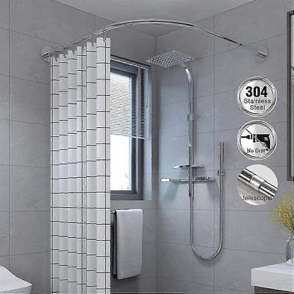 Udtrækkelig L-formet badeforhængsstang, borefri hjørnestang i rustfrit stål 60 - 80 cm til badekar, anti-hængende design