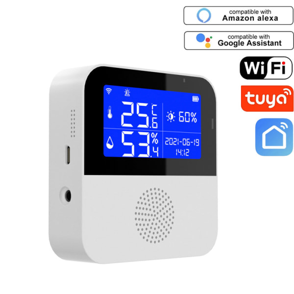 WiFi-temperaturfuktighetsmätare, trådlös digital termometerhygrometer med LCD-display Summerlarm och appvarning Smart temperaturfuktighetssensor