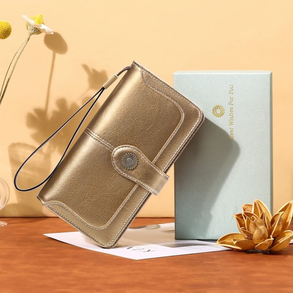 Lommebok for kvinner Skinnlommebok Stor dame Clutch Lang lommebok med stor kapasitet med 24 kortspor og lommebok Avtakbar håndstropp bronsenett