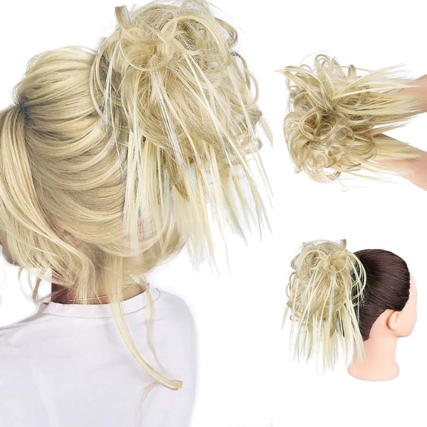 Rotete bolle hårstykke hår med elastisk gummibånd Extensions Hårstykke Syntetisk hårforlengelse Scrunchies Hårstykke (askeblond og mørk blond)