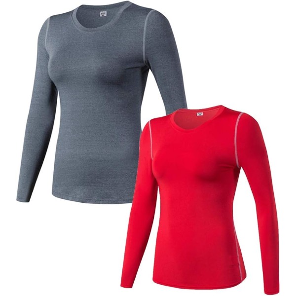 Kompressionströja dam Dry Fit Långärmad löpning atletisk T-shirt träningströjor, stor 2-pack (grå+röd)