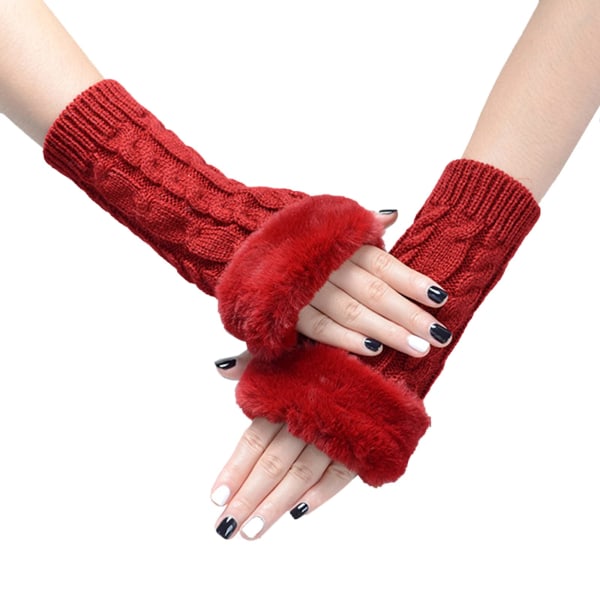 Kvinnor stickade fingerlösa handskar, armvärmare med fuskpäls, vinter fingerlösa handledsvärmare vantar