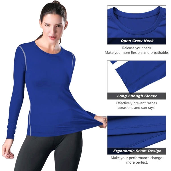 Naisten kompressiopaita Dry Fit pitkähihainen juoksu Athletic T-paita harjoitustopit, iso 3 pakkaus (musta+harmaa+sininen)