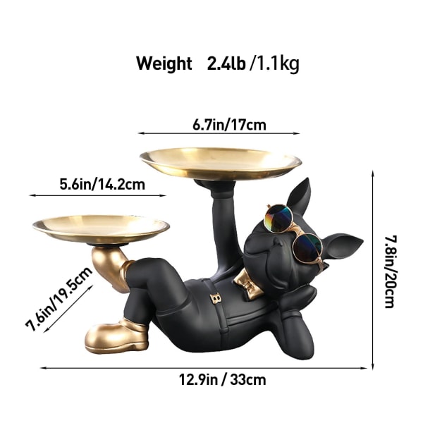 Bulldog-tarjotin koristelu Ranskanbulldoggi Koristefiguuri Eläin Veistos Koira Veistos Hartsi työpöydän koriste 23,5x20x20cm (musta)