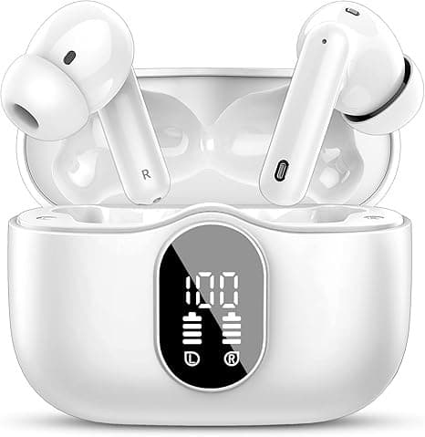 Trådløse hovedtelefoner Bluetooth 5.4 med LED-display, støjreducerende mikrofon, HiFi Stereo In-Ear hovedtelefoner, IP7 vandtæt til iPhone Android White