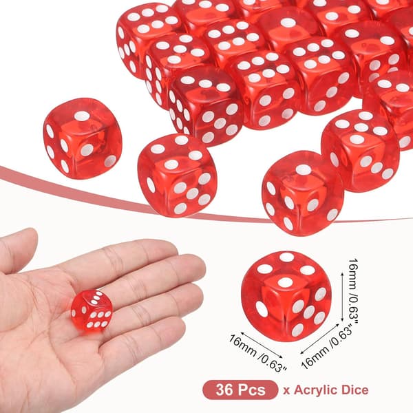 36 stk. 6-sidede akrylterninger, 16 mm/0,63\" afrundede hjørner gennemsigtige farvede D6 spilterninger, rød red