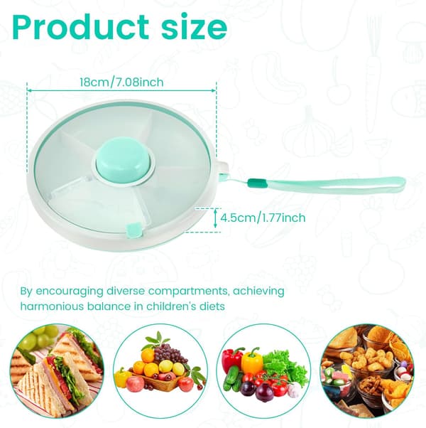 Snackspinner for barn, snackboks med 5 rom og lokk, 18 cm bærbar delt serveringsbrett (grønn)