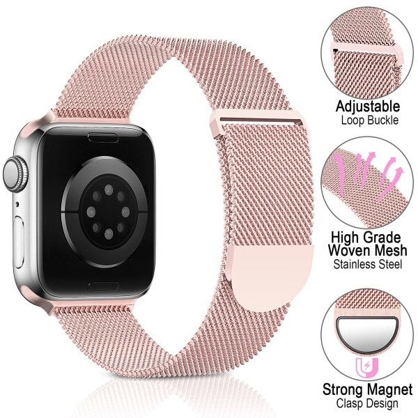 Metallbånd i rustfritt stål kompatibelt med Apple Watch-remmer 42 mm 44 mm 45 mm, justerbar sløyfe i rosa gull for iWatch-serien 7 6 5 4 3 2 SE