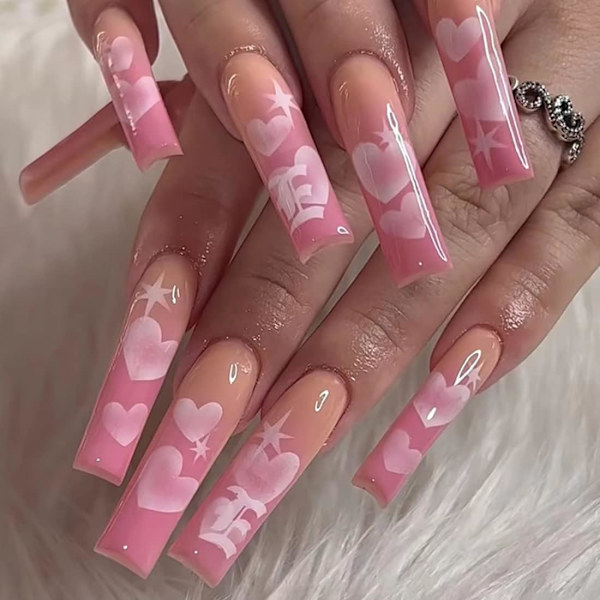 Gradient tryck på naglar, 24 st glänsande långa rosa falska naglar hjärta falska naglar full täckning design nagelspetsar för kvinnor daglig dekoration pink
