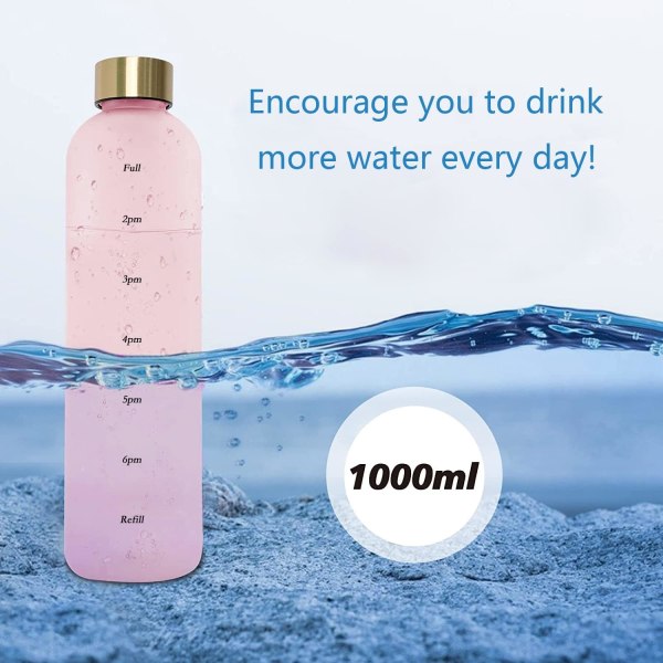 1 liters motivationsvandflaske med tidsmarkeringer til at drikke, genanvendelig plastikflaske med til fitness og sport（pink） pink