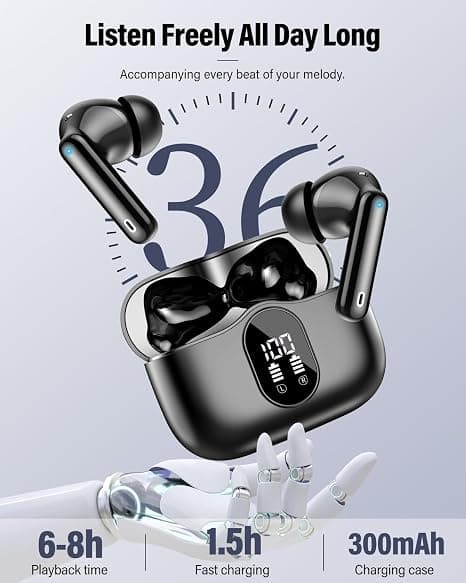 Trådløse hovedtelefoner Bluetooth 5.4 med LED-display, støjreducerende mikrofon, HiFi Stereo In-Ear hovedtelefoner, IP7 vandtæt til iPhone Android Black