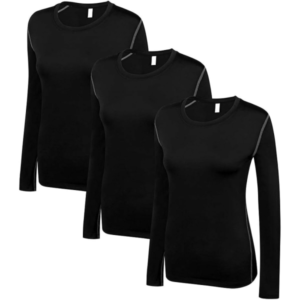 Kompressionströja dam Dry Fit Långärmad löpning atletisk T-shirt träningströjor，Små 3-pack svart