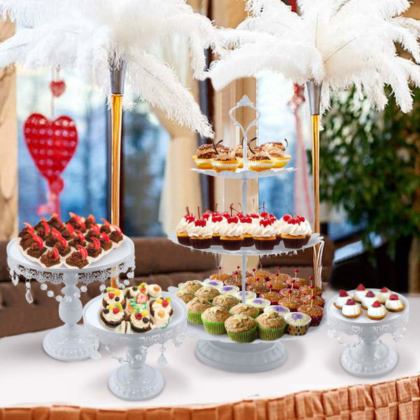 Paket med 6 tårtställ Rund dessertdisplay i metall med kristallpärlor, 3-lagers runda muffinsställ Vintage för festbröllopsdekoration (vit)
