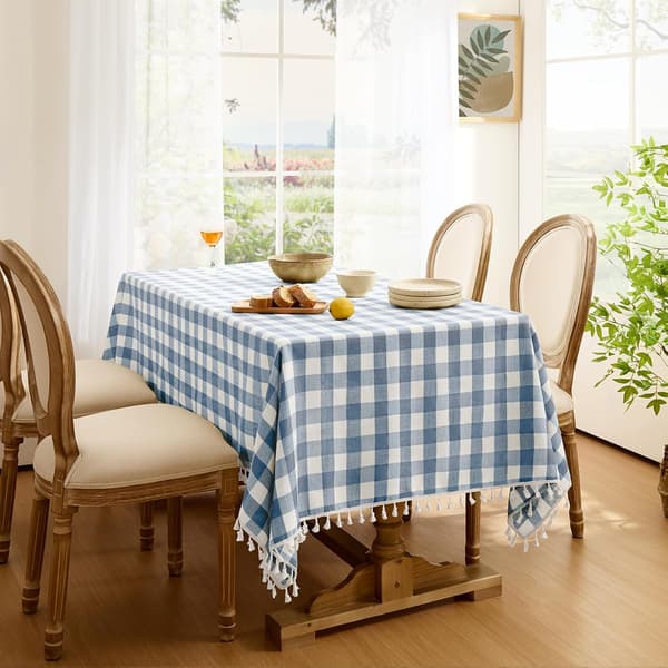 1 st Gingham Duk blå Utomhusduk Rektangulär 140x200 cm Avtorkningsbar Bomull Tofs Boho Dukar Vattentålig, 55x78 tum blue