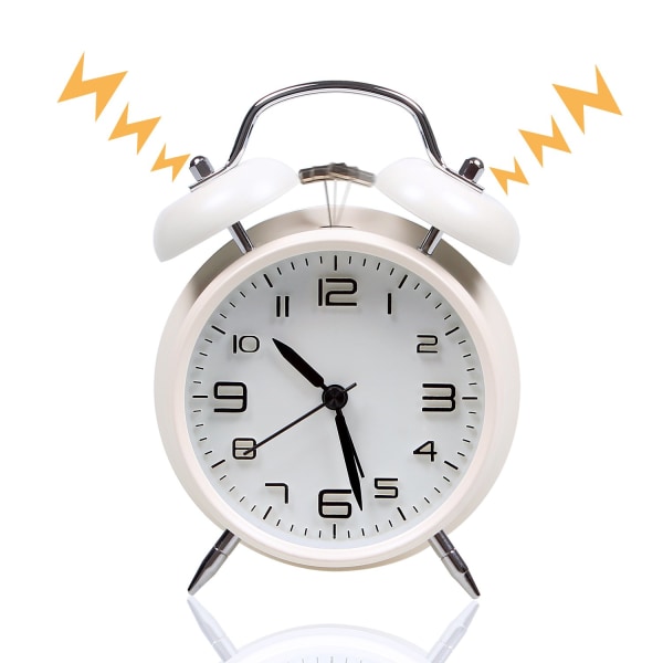4" paristokäyttöinen kaksoiskelloinen herätyskello, kovaääninen mekaaninen herätyskello stereoskooppisella kellotaululla, yövalo, tikittävä (valkoinen)