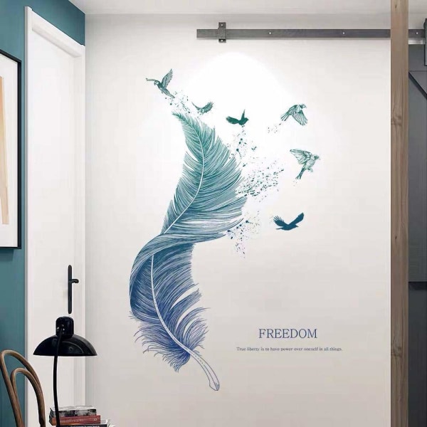 Väggdekal FJÄDER i blått I väggmålningar: 72x124 cm I väggtatuering vardagsrum moderna ordspråk fågel I väggdekoration för kök sovrum badrum hall