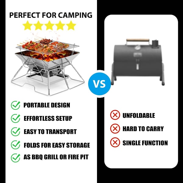 Bärbar kolgrill för camping, liten hopfällbar eldstad i rostfritt stål för lägereld, utomhus