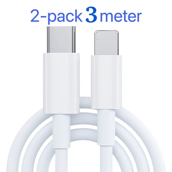 2-pakning Lader for iPhone - USB-C - Kabel / Ledning - 20W - 3m - Hurtiglader Hvit