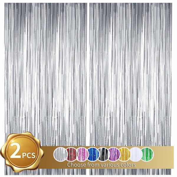 2-pack silverfolie fransgardin, silverglitter metalliska gardiner fotobakgrund för bröllopsdusch födelsedagsdekor (3,28 fot x 6,56 fot)