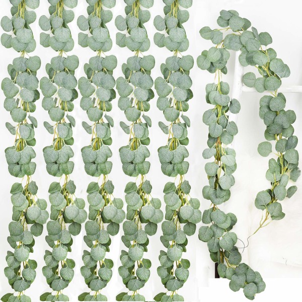 6 stk kunstig eukalyptus krans imiteret silke eukalyptus blade vinstokke Håndlavet krans grønt bryllup baggrund bue væg dekoration, 6,1 FT/stk