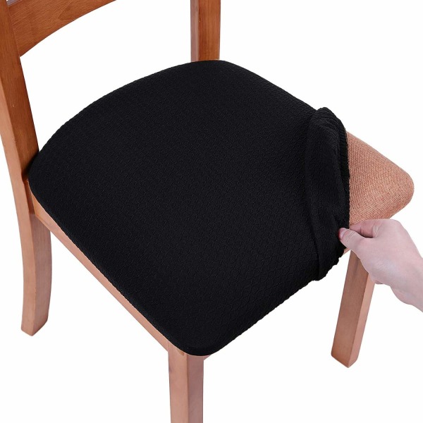 Stretch jacquard ruokapöydän tuolin istuinpäälliset, irrotettavat pestävät pölynkestävät ruokasalin tuolin istuintyynyn päälliset sidoksilla - 2 kpl set , musta