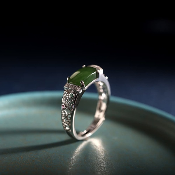925 Sterlingsølv indlagt Hetian Jade Ring Delikat Elegant hul åben ring Charmerende smykkegaver til kvinder piger