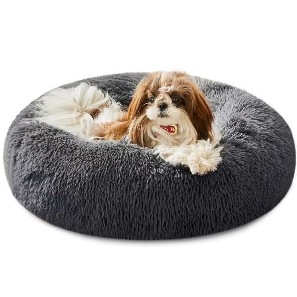 Koiran sänky ja kissan sänky, alkuperäinen rauhoittava koiransänky Anti Anxiety Donut Cuddler Pyöreä lämmin sänky koirille, jossa on pörröinen mukava pehmo kenneltyyny (20",24",27")