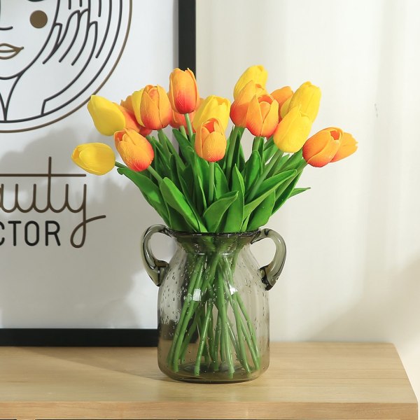 10 STK PU Real Touch Latex Kunstige Tulipaner Falske Tulipaner Blomster Buketter Blomsterarrangement til hjemmet Værelse Bryllupsbuket Festindretning Orange