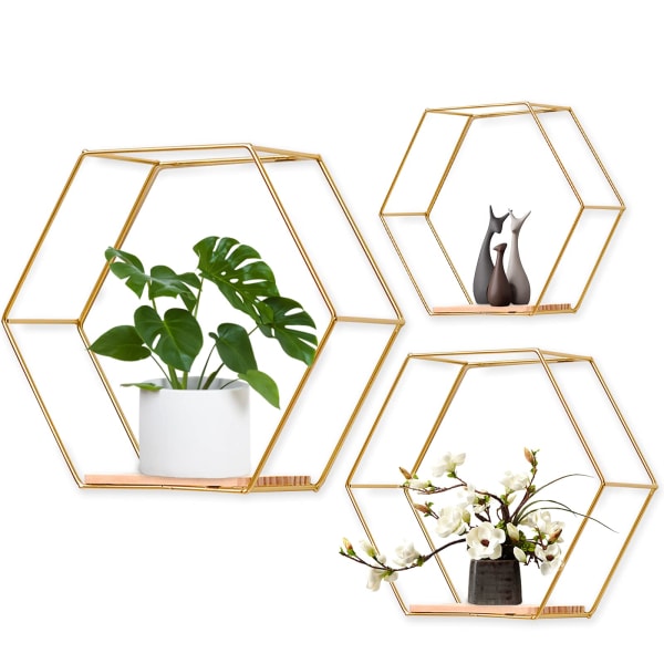 Hexagon metal wall shelves set of 3, decorative hanging shelves, loft wall shelves, shelves for wall decoration