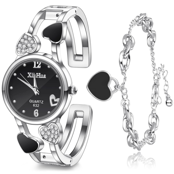 Women's Watch and Bracelet Set for Women Girls Heart Bracelet Watch Elegant Diamond Slim Rhinestone Wrist Watch Silver Crystal Bangle Party Gift