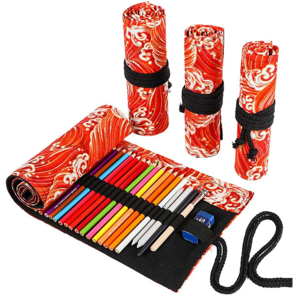 48 paikkainen värillinen kynäkääre Lyijykynät Rullateline Värikynät Organizer Värillinen kynämaalaussivellin säilytys (Red Ocean, 48 Slots)