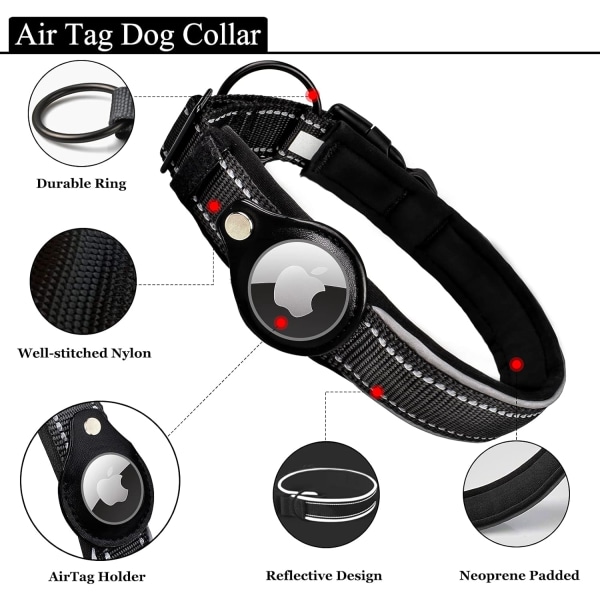 Reflekterende AirTag hundehalsbånd, ivienx Apple Air Tag Heavy Duty Hundehalsbånd [Wide] Polstret kjæledyrhalsbånd med AirTag-veskeholdertilbehør (mørk, L)