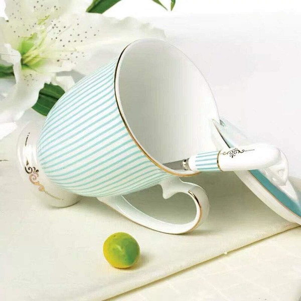 Tech Euro Style Porcelæn Te Kop Kaffe Krus med Låg til Morgenmad Hjem Køkken ((Stribet Mønster) (Cyan)) C