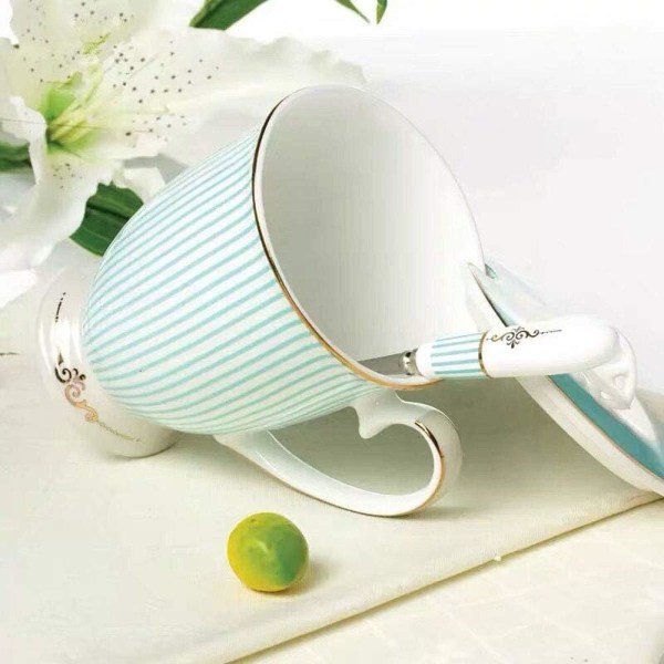 Tech Euro Style Porslin Tekopp Kaffe Mugg med Lock för Frukost Hem Kök ((Ränder Mönster) (Cyan)) C