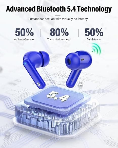 Trådløse hovedtelefoner Bluetooth 5.4 med LED-display, støjreducerende mikrofon, HiFi Stereo In-Ear hovedtelefoner, IP7 vandtæt til iPhone Android Robin blue