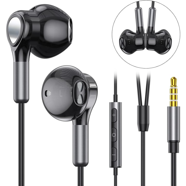 Hörlurar med sladd, in-ear-hörlurar med sladd, halva öronhörlurar 3,5 mm jack, hörlurar med sladd med mikrofon och volymkontroll BLACK
